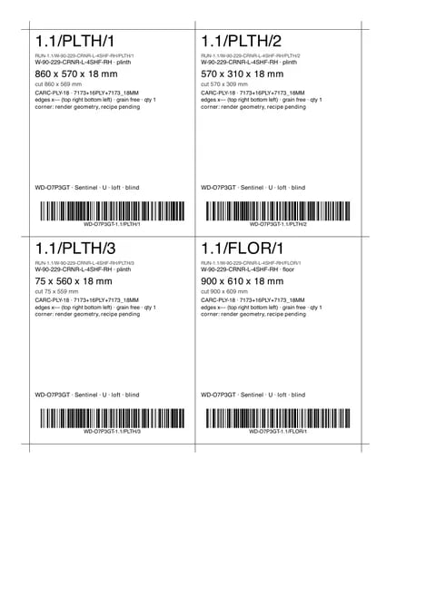 A labels page: four board labels, each with a part code and a barcode.