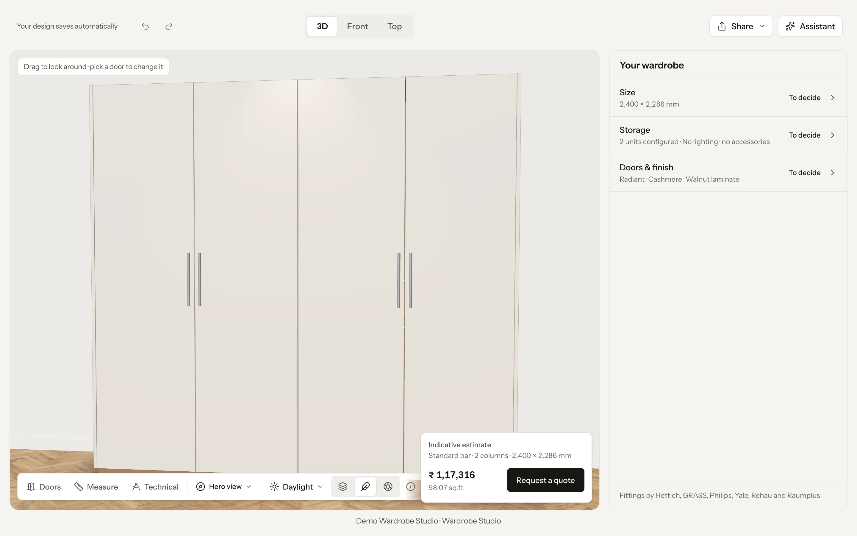 The website planner as a homeowner sees it: a four-door wardrobe in 3D, the first step (How big is the space?), a Request a quote button and an indicative estimate.