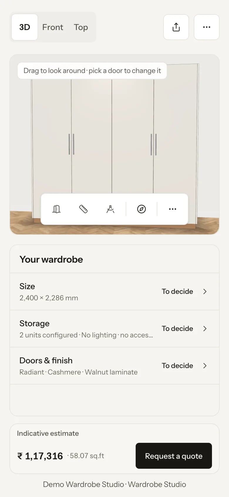 The website planner on a phone: a four-door wardrobe in 3D above the first step, How big is the space?