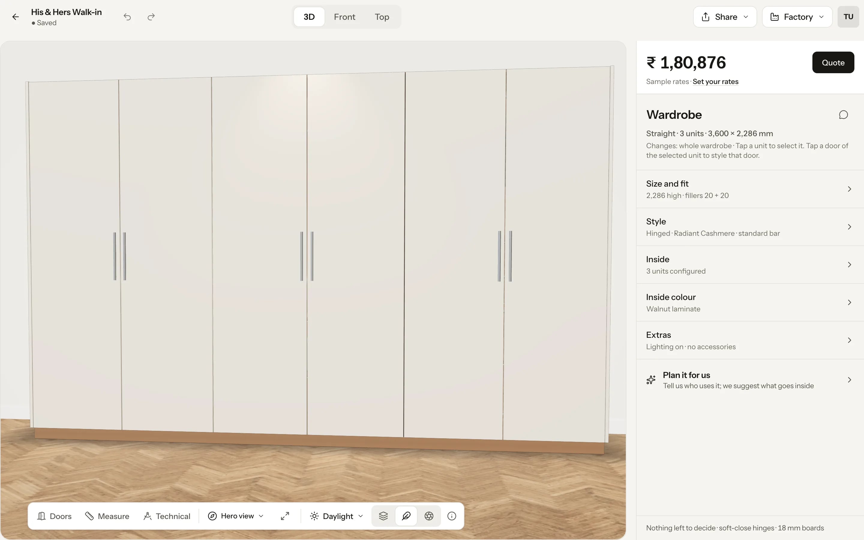 The Wardrobe Studio planner: a six-door hinged wardrobe in 3D on a wooden floor, with its price at sample rates and the size, style and inside choices beside it.