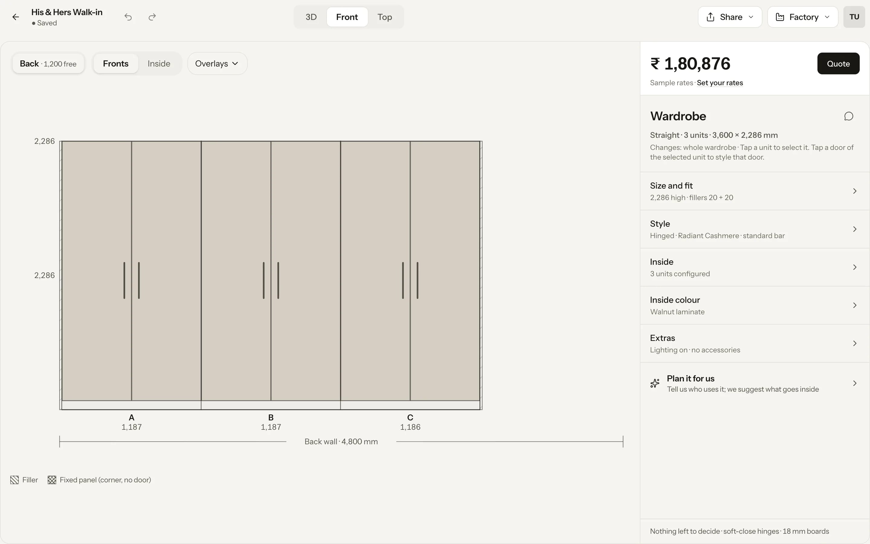 The studio's Front view: three hinged units drawn flat with their widths and the back wall, and the price at sample rates beside them.