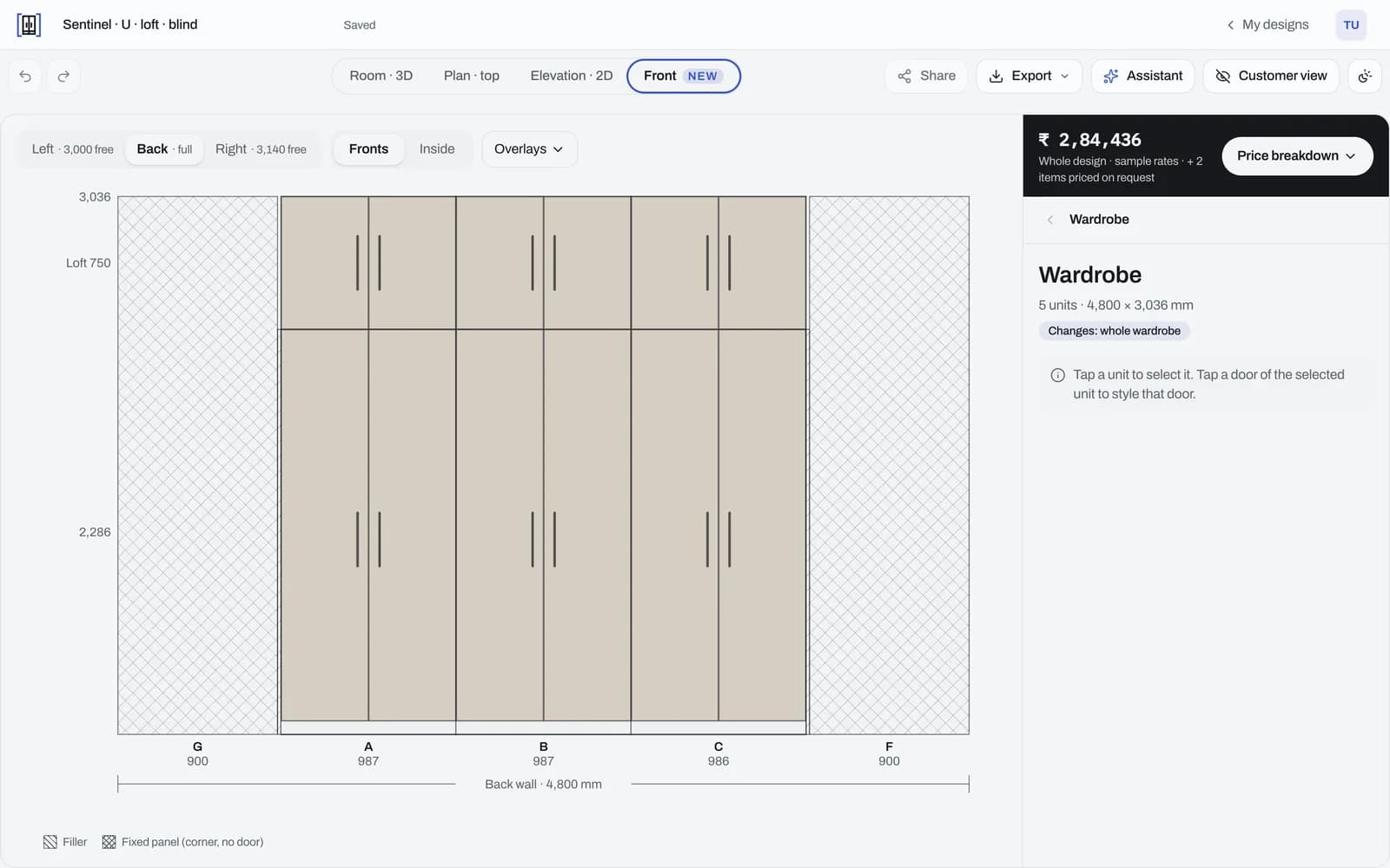 The studio's Front view: a U-shaped wardrobe drawn flat, with the loft, unit widths and the back wall of 4,800 mm, and the price at sample rates.